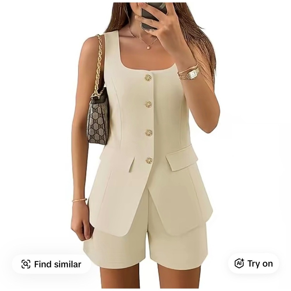 ZESICA Womens 2 Piece Set Cream Button Down Vest and Shorts Suit Size XL NWT